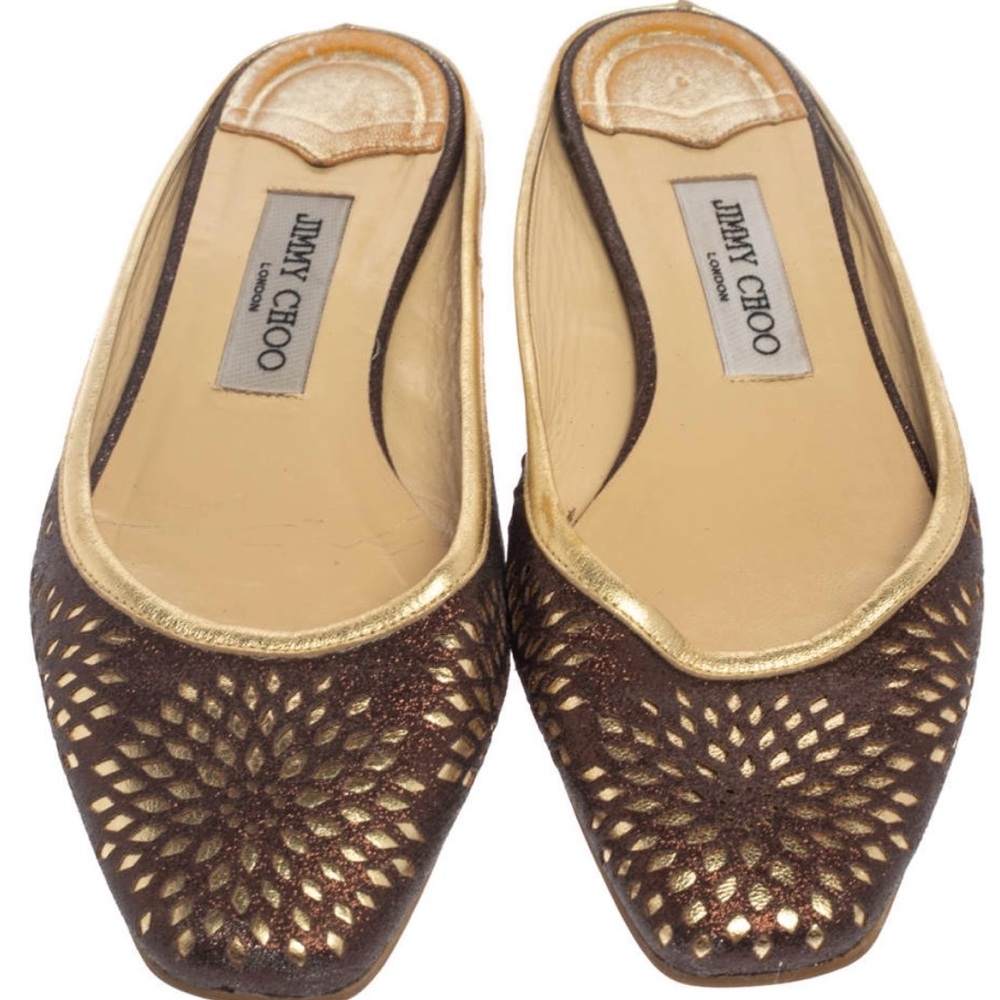 SOLD - Jimmy Choo Brown and Gold Flats with Elegant Cutout Design